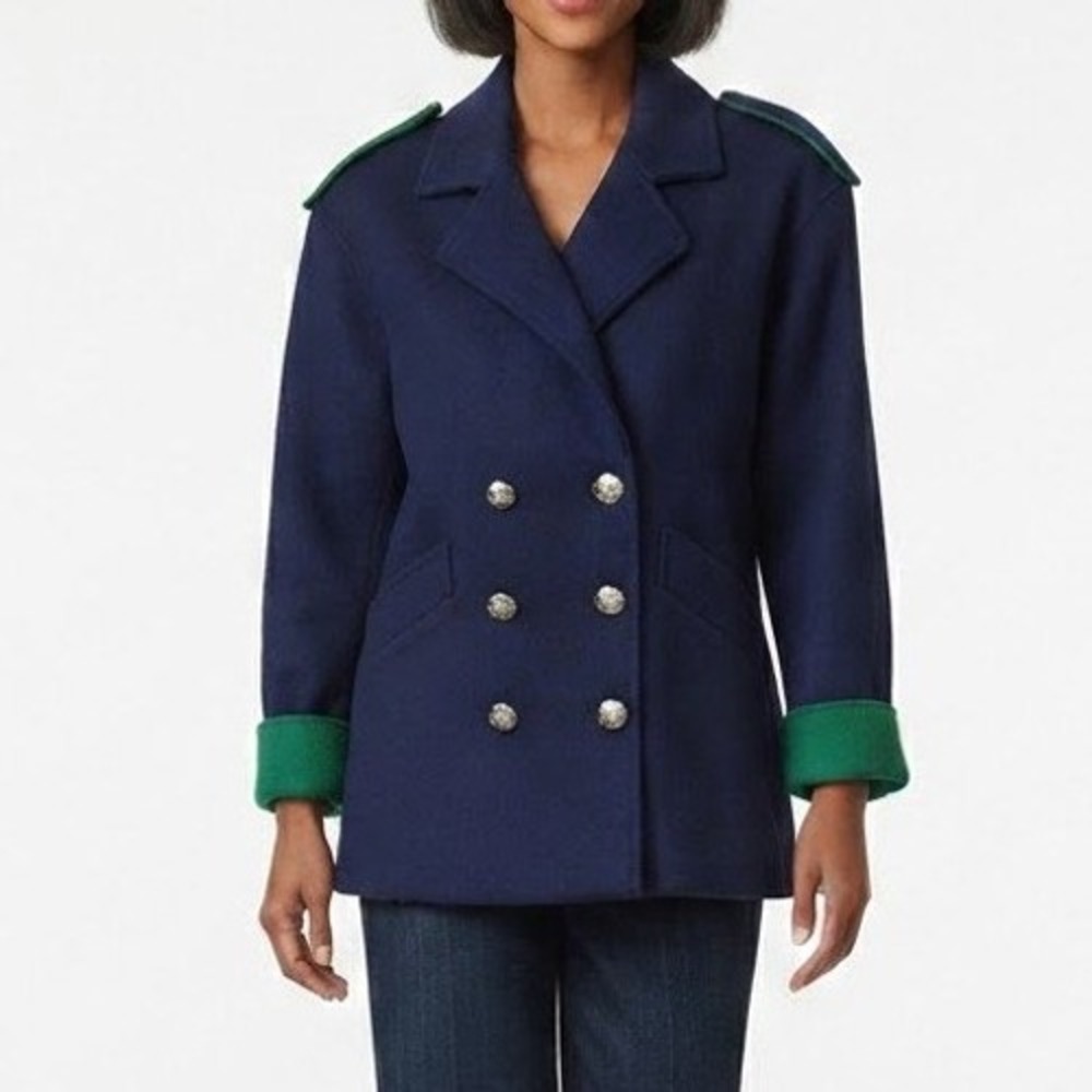 Vintage Pea Coat Women 9/10 Navy Teal Wool Blend Military Epaulettes Fall Preppy